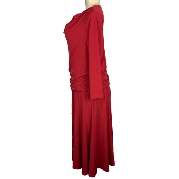 Simonton Says M Red Cowl Neck Ruched Waist Lined Top 3/4 Sleeve Midi Flare Dress - Picture 5 of 6